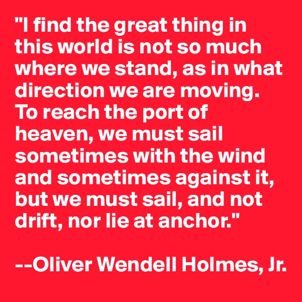 "I find the great thing in this world is not so much where we stand, as in what direction we are moving. To reach the port of heaven, we must sail sometimes with the wind and sometimes against it, but we must sail, and not drift, nor lie at anchor."

--Oliver Wendell Holmes, Jr.