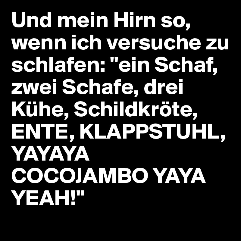 Und mein Hirn so, wenn ich versuche zu schlafen: "ein Schaf, zwei Schafe, drei Kühe, Schildkröte, ENTE, KLAPPSTUHL, YAYAYA COCOJAMBO YAYA YEAH!"