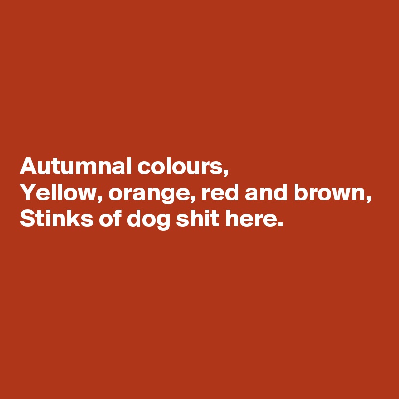 




Autumnal colours,
Yellow, orange, red and brown,
Stinks of dog shit here.




