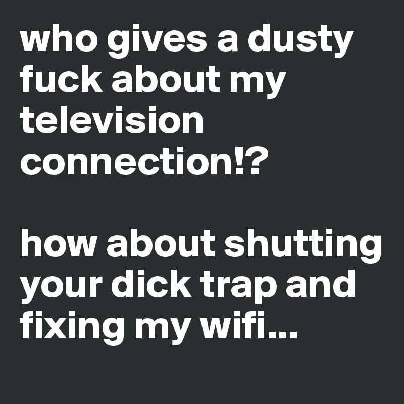 who gives a dusty fuck about my television connection!?

how about shutting your dick trap and fixing my wifi...