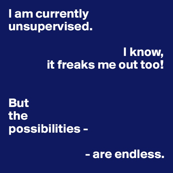 I am currently unsupervised.

                                             I know,
               it freaks me out too!


But
the
possibilities -

                              - are endless.
