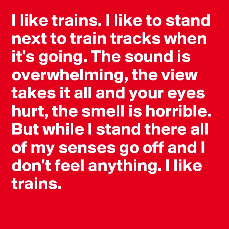 I like trains. I like to stand next to train tracks when it's going. The sound is overwhelming, the view takes it all and your eyes hurt, the smell is horrible. But while I stand there all of my senses go off and I don't feel anything. I like trains.
