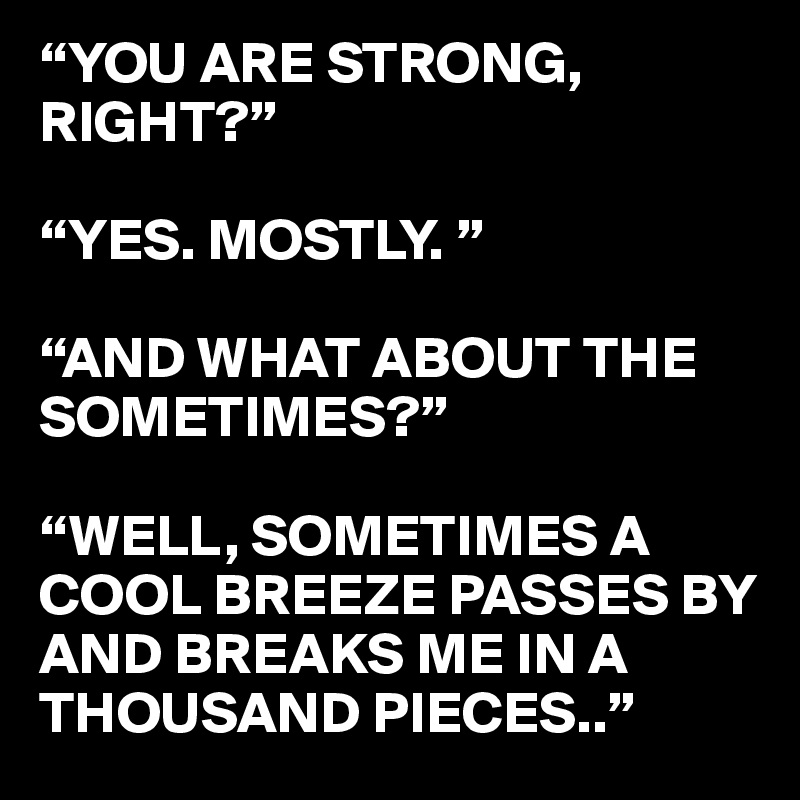 “YOU ARE STRONG, RIGHT?”

“YES. MOSTLY. ”

“AND WHAT ABOUT THE SOMETIMES?”

“WELL, SOMETIMES A COOL BREEZE PASSES BY AND BREAKS ME IN A THOUSAND PIECES..”