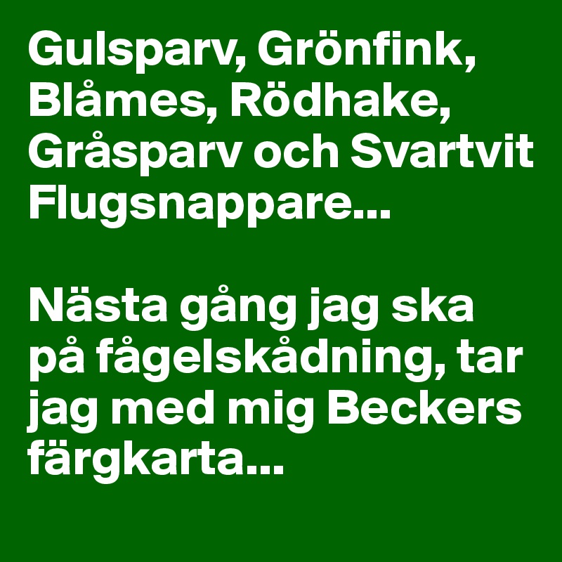Gulsparv, Grönfink, Blåmes, Rödhake, Gråsparv och Svartvit Flugsnappare... 

Nästa gång jag ska på fågelskådning, tar jag med mig Beckers färgkarta...