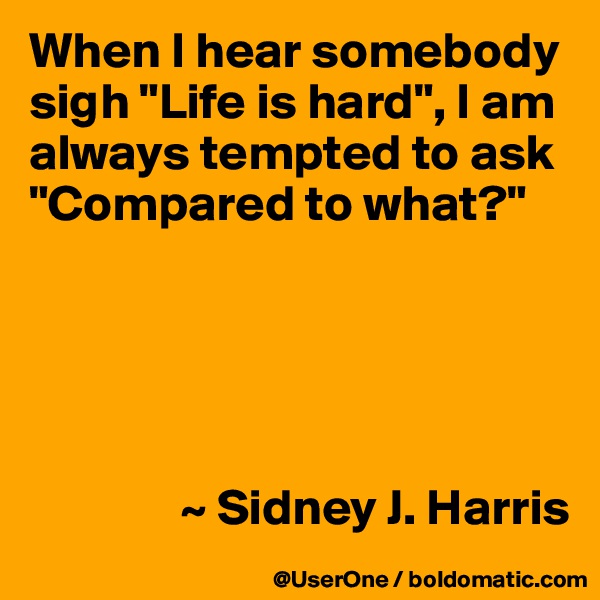 When I hear somebody sigh "Life is hard", I am always tempted to ask "Compared to what?"





               ~ Sidney J. Harris