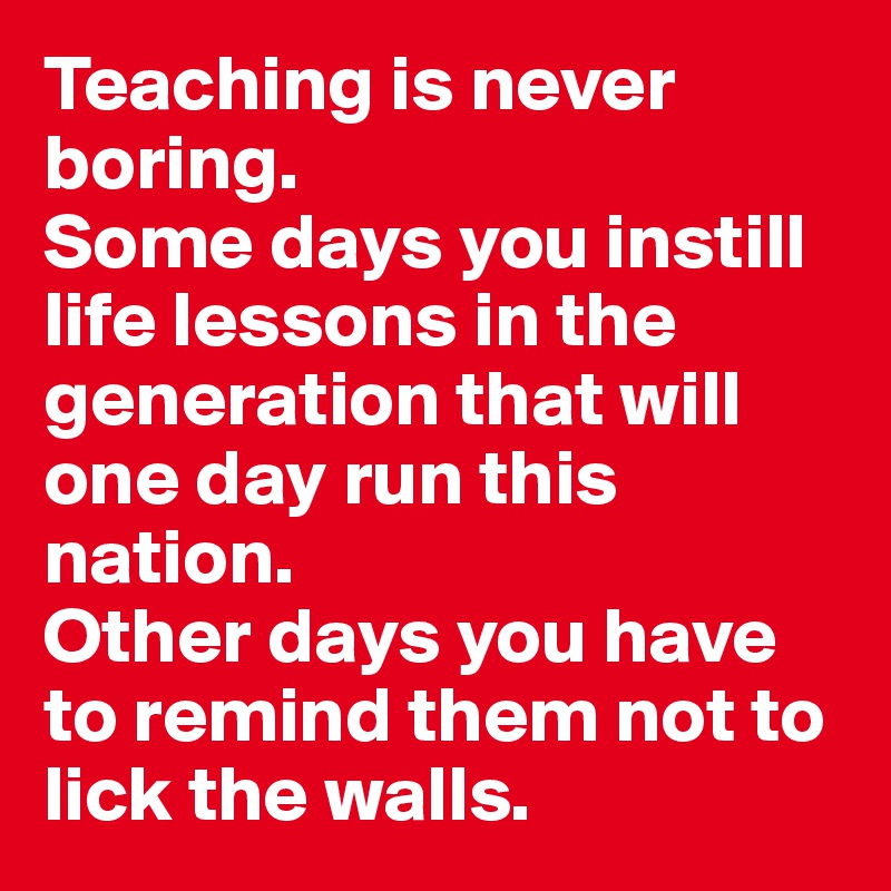 Teaching is never boring.
Some days you instill life lessons in the generation that will one day run this nation. 
Other days you have to remind them not to lick the walls.