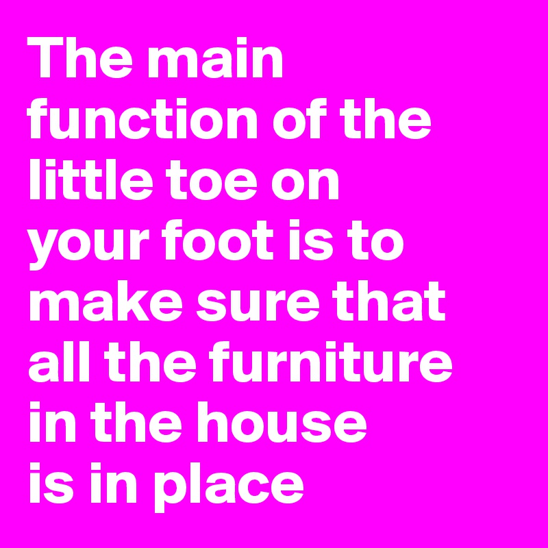 The main                       
function of the                          
little toe on 
your foot is to make sure that all the furniture 
in the house 
is in place 