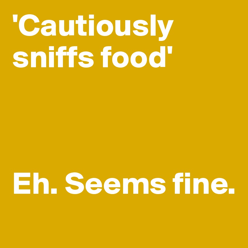 'Cautiously sniffs food'



Eh. Seems fine.