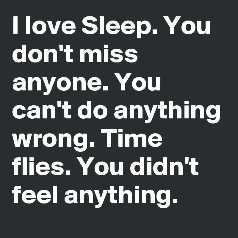 I love Sleep. You don't miss anyone. You can't do anything wrong. Time flies. You didn't feel anything.