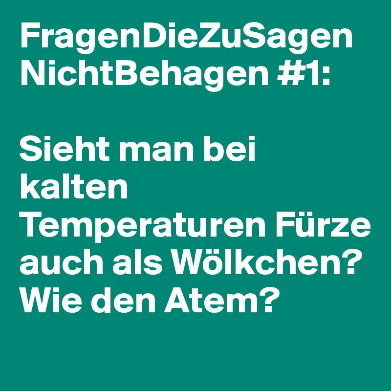 FragenDieZuSagenNichtBehagen #1:

Sieht man bei kalten Temperaturen Fürze auch als Wölkchen? Wie den Atem?
