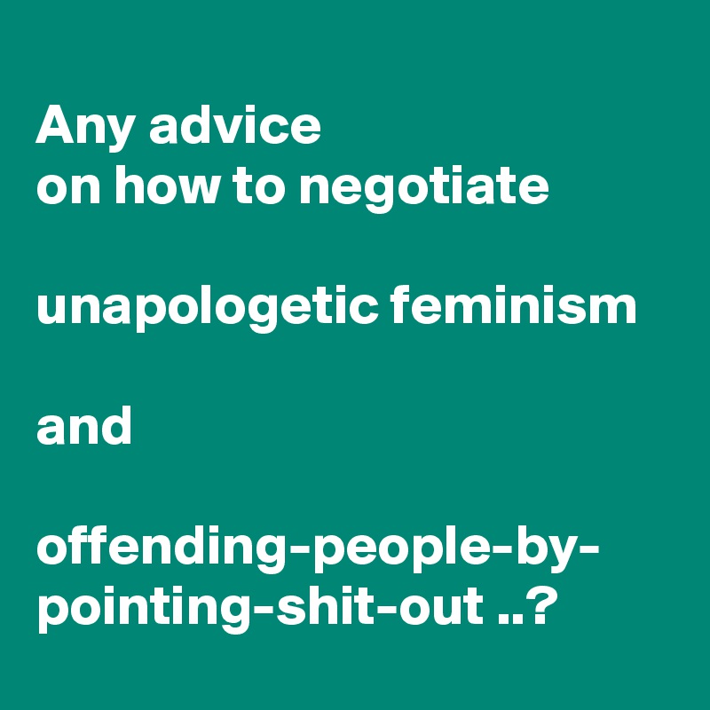 
Any advice 
on how to negotiate 

unapologetic feminism 

and 

offending-people-by-
pointing-shit-out ..?