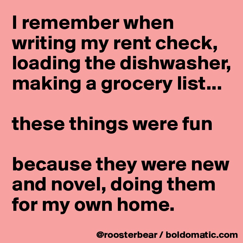 I remember when writing my rent check, loading the dishwasher, making a grocery list...

these things were fun

because they were new and novel, doing them for my own home.