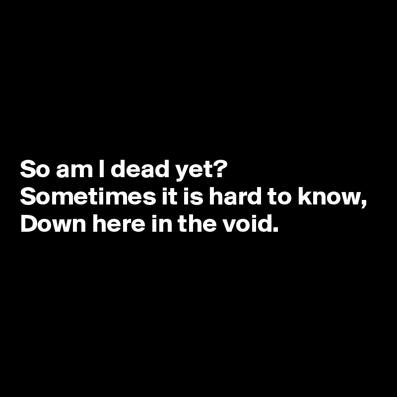 




So am I dead yet?
Sometimes it is hard to know,
Down here in the void.



