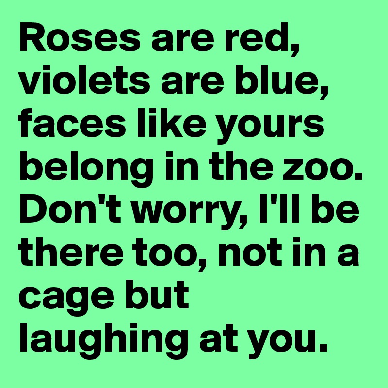 Roses are red, violets are blue, faces like yours belong in the zoo. Don't worry, I'll be there too, not in a cage but laughing at you.