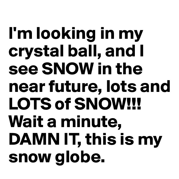 
I'm looking in my crystal ball, and I see SNOW in the near future, lots and LOTS of SNOW!!!   Wait a minute, DAMN IT, this is my snow globe.