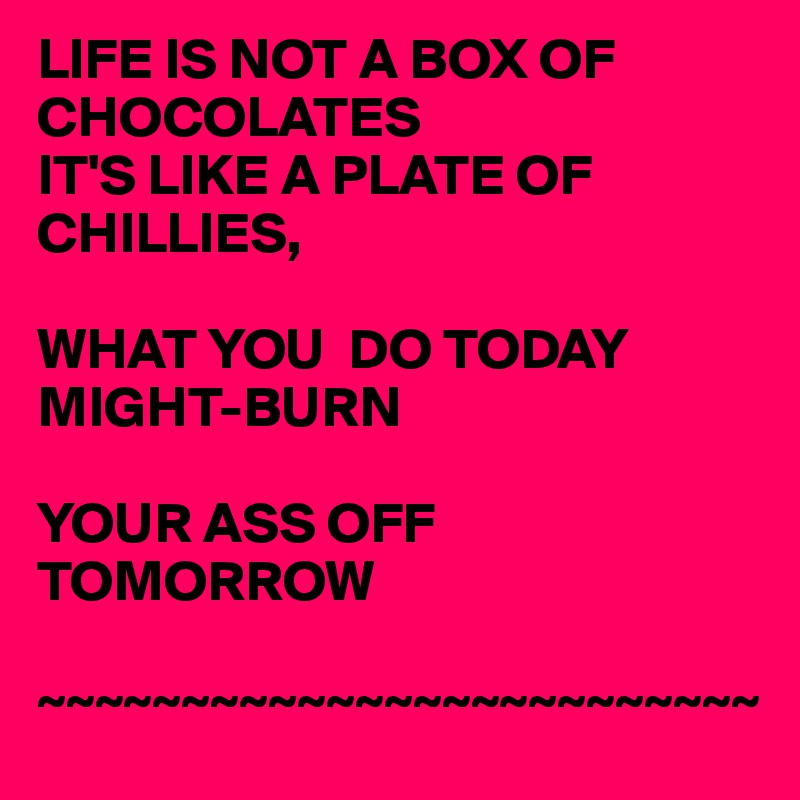 LIFE IS NOT A BOX OF CHOCOLATES
IT'S LIKE A PLATE OF CHILLIES,

WHAT YOU  DO TODAY MIGHT-BURN

YOUR ASS OFF TOMORROW 

~~~~~~~~~~~~~~~~~~~~~~~~~