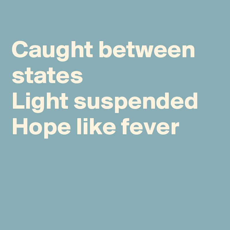 
Caught between states
Light suspended 
Hope like fever


