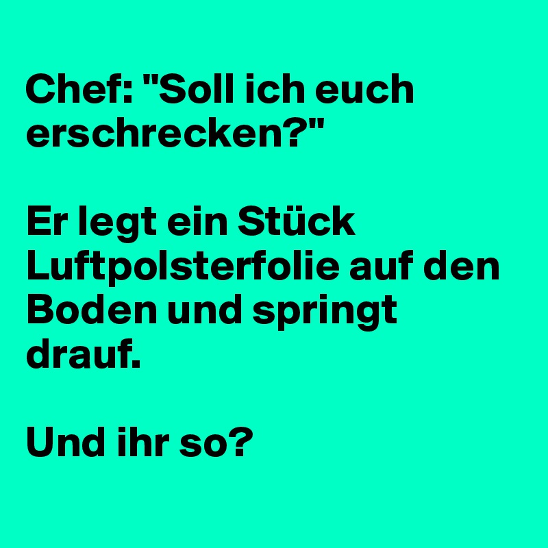 
Chef: "Soll ich euch erschrecken?"

Er legt ein Stück Luftpolsterfolie auf den Boden und springt drauf.

Und ihr so?
