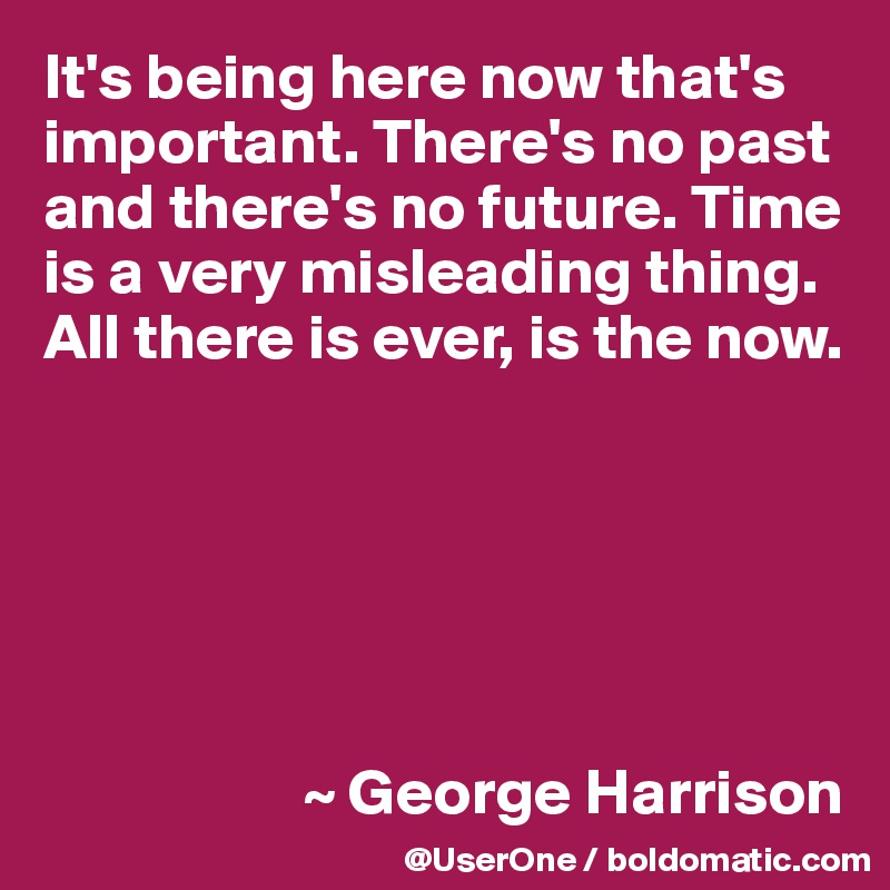 It's being here now that's important. There's no past and there's no future. Time is a very misleading thing. All there is ever, is the now.






                    ~ George Harrison