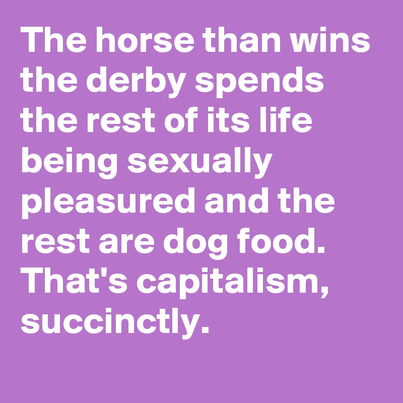 The horse than wins the derby spends the rest of its life being sexually pleasured and the rest are dog food. That's capitalism, succinctly.