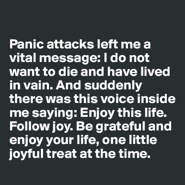 

Panic attacks left me a vital message: I do not want to die and have lived in vain. And suddenly there was this voice inside me saying: Enjoy this life. Follow joy. Be grateful and enjoy your life, one little joyful treat at the time.