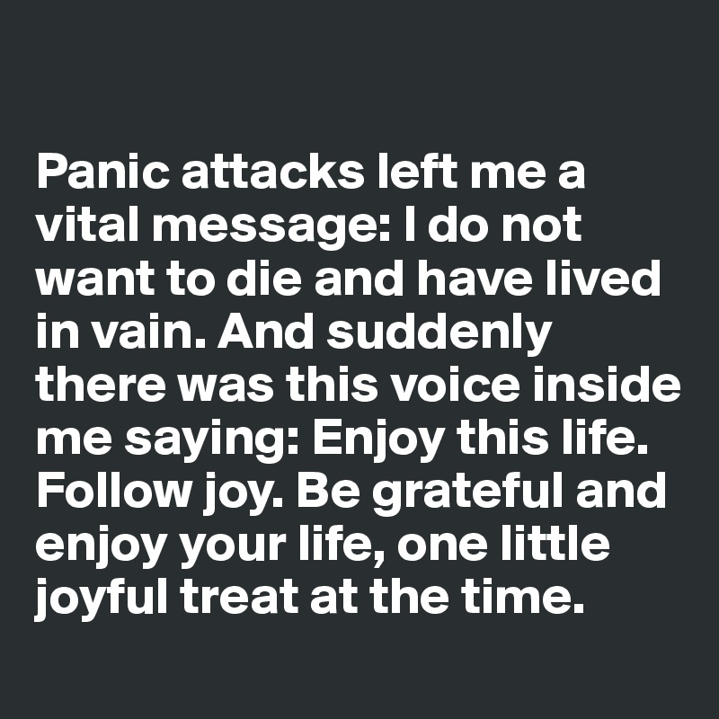 

Panic attacks left me a vital message: I do not want to die and have lived in vain. And suddenly there was this voice inside me saying: Enjoy this life. Follow joy. Be grateful and enjoy your life, one little joyful treat at the time.