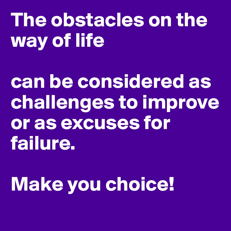 The obstacles on the way of life

can be considered as challenges to improve
or as excuses for failure.

Make you choice!