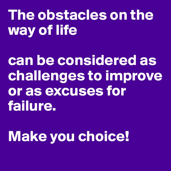 The obstacles on the way of life

can be considered as challenges to improve
or as excuses for failure.

Make you choice!