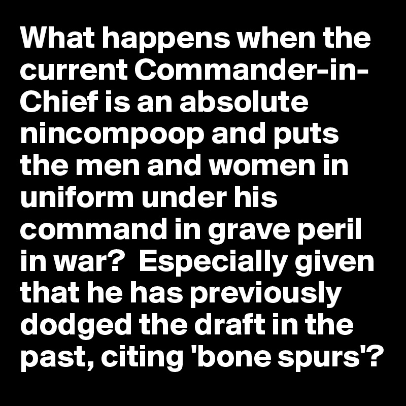 What happens when the current Commander-in-Chief is an absolute nincompoop and puts the men and women in uniform under his command in grave peril in war?  Especially given that he has previously dodged the draft in the past, citing 'bone spurs'? 