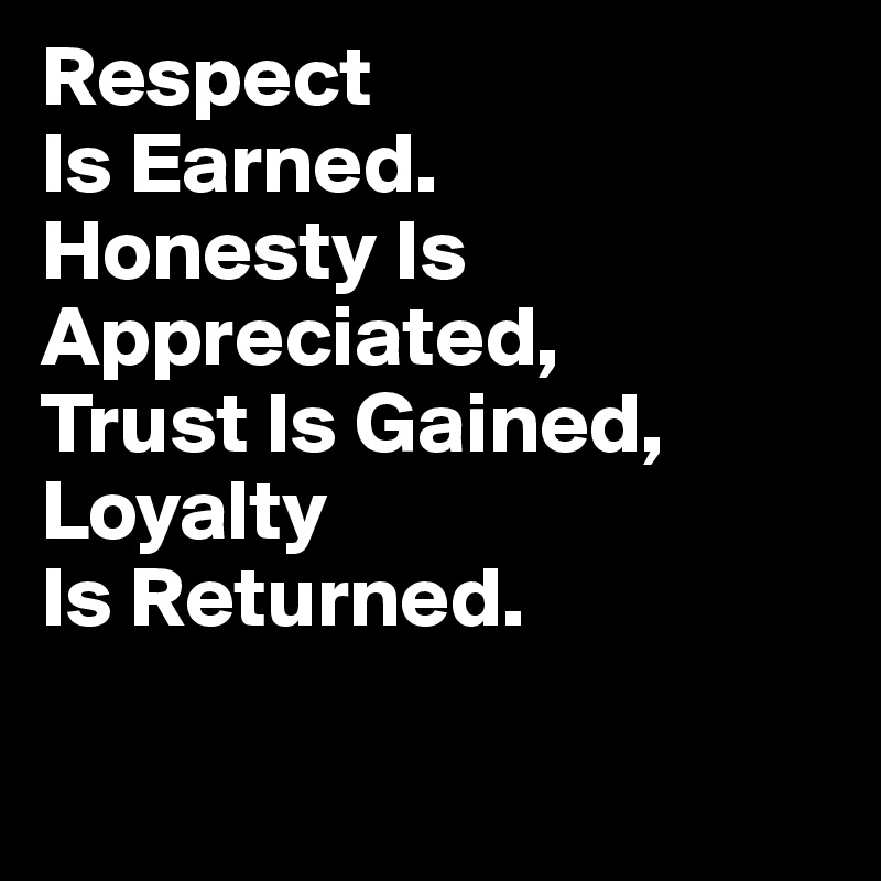 Respect
Is Earned.
Honesty Is
Appreciated,
Trust Is Gained,
Loyalty
Is Returned.

