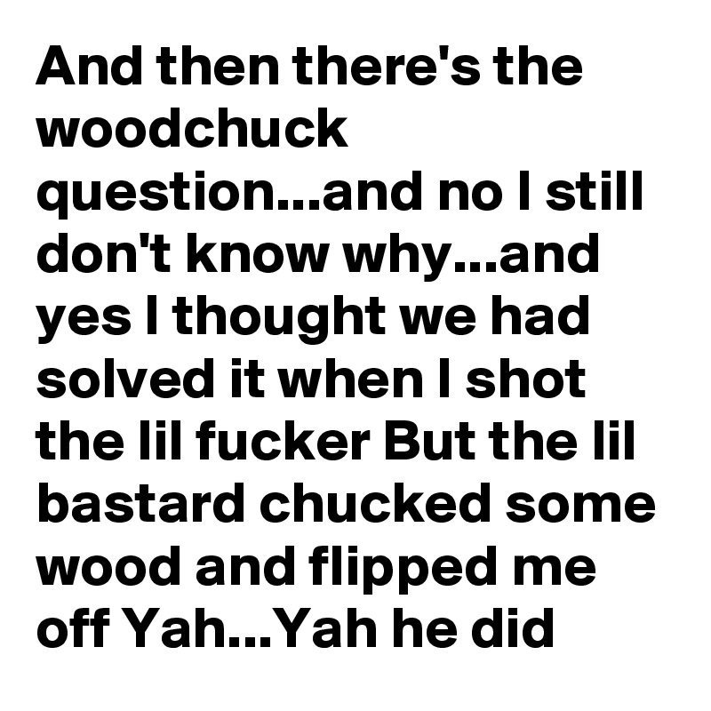 And then there's the woodchuck question...and no I still don't know why...and yes I thought we had solved it when I shot the lil fucker But the lil bastard chucked some wood and flipped me off Yah...Yah he did