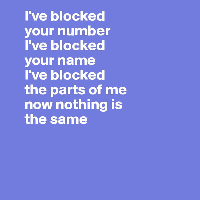      I've blocked      
     your number
     I've blocked      
     your name 
     I've blocked     
     the parts of me    
     now nothing is    
     the same 



