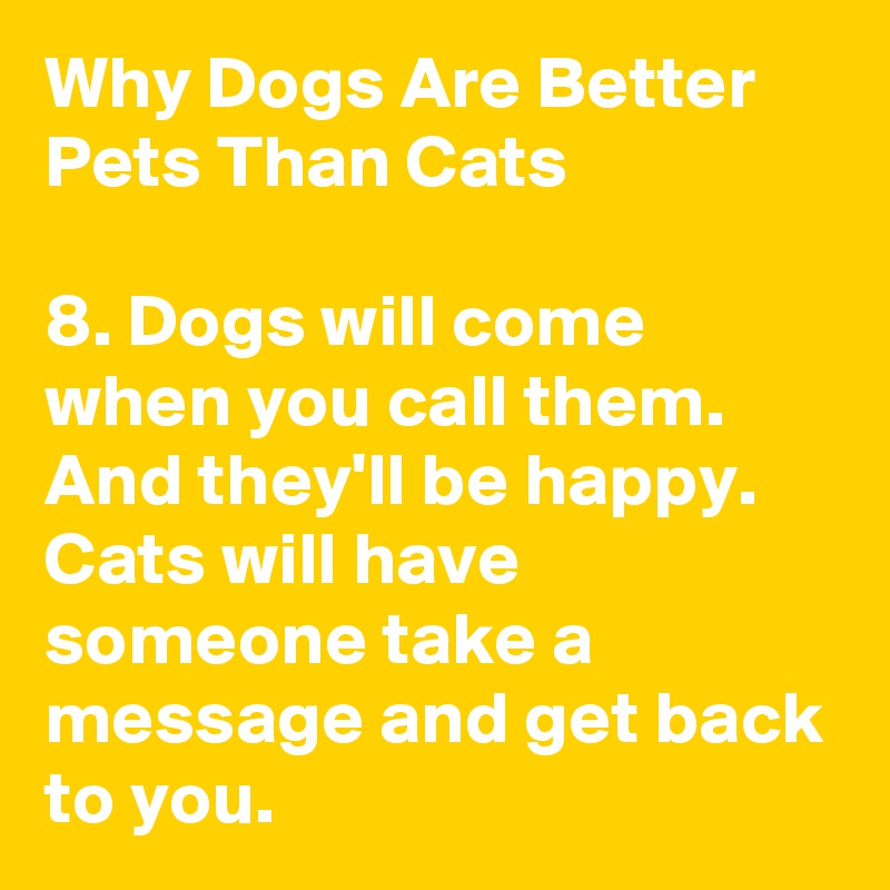 Why Dogs Are Better Pets Than Cats

8. Dogs will come when you call them. And they'll be happy. Cats will have someone take a message and get back to you.
