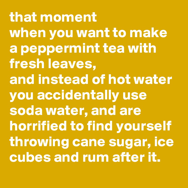 that moment 
when you want to make a peppermint tea with fresh leaves, 
and instead of hot water you accidentally use soda water, and are horrified to find yourself throwing cane sugar, ice cubes and rum after it.