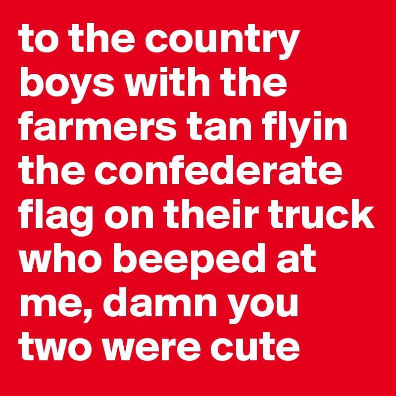 to the country boys with the farmers tan flyin the confederate flag on their truck who beeped at me, damn you two were cute