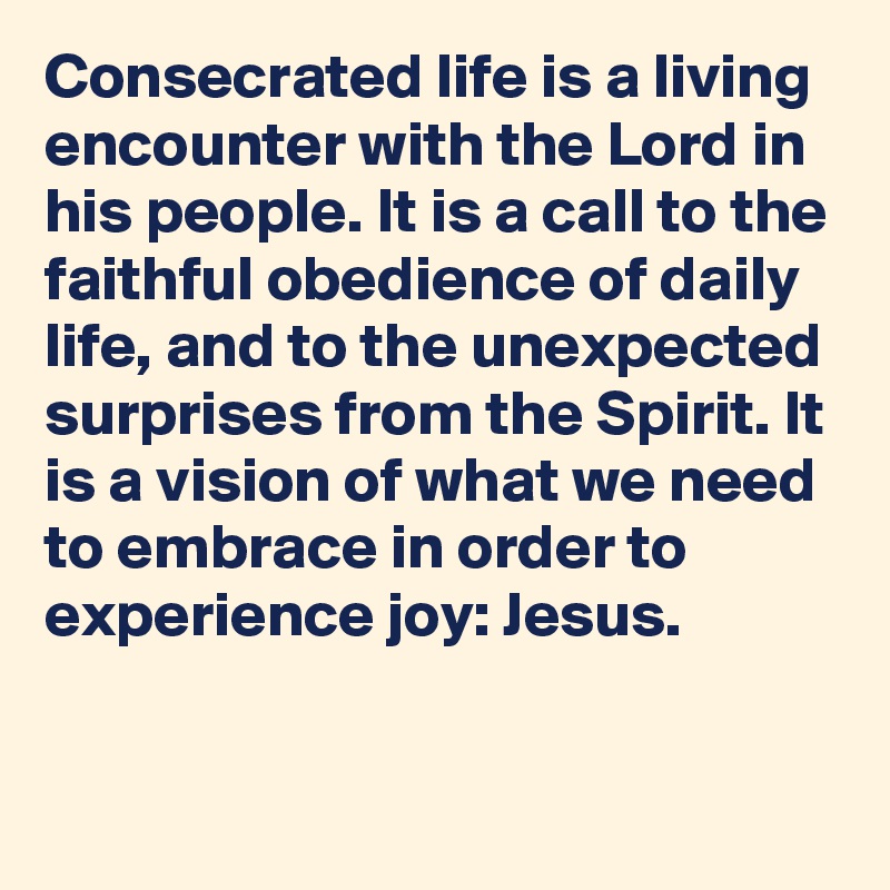 Consecrated life is a living encounter with the Lord in his people. It is a call to the faithful obedience of daily life, and to the unexpected surprises from the Spirit. It is a vision of what we need to embrace in order to experience joy: Jesus.