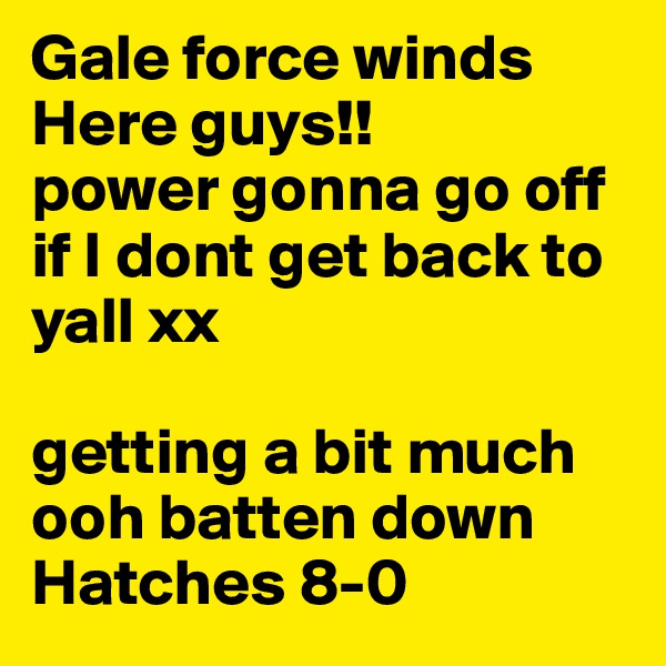 Gale force winds Here guys!!
power gonna go off if I dont get back to yall xx

getting a bit much ooh batten down Hatches 8-0 