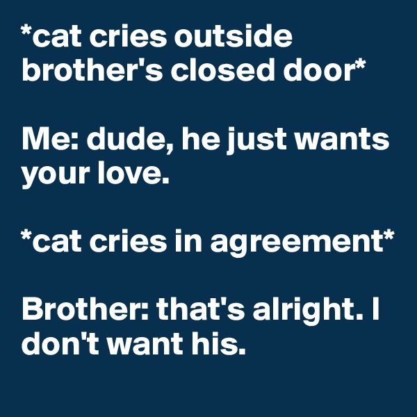 *cat cries outside brother's closed door* 

Me: dude, he just wants your love. 

*cat cries in agreement*

Brother: that's alright. I don't want his.