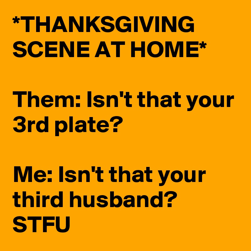 *THANKSGIVING SCENE AT HOME*

Them: Isn't that your 3rd plate?

Me: Isn't that your third husband? STFU