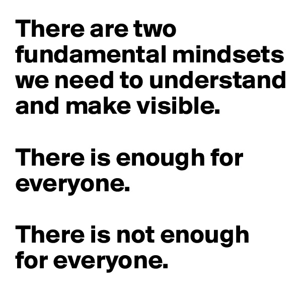There are two fundamental mindsets we need to understand and make visible.

There is enough for everyone.

There is not enough for everyone.