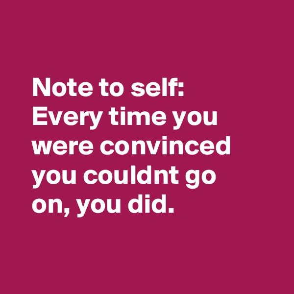 

   Note to self: 
   Every time you 
   were convinced
   you couldnt go
   on, you did.

