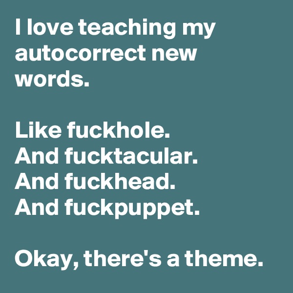 I love teaching my autocorrect new words.

Like fuckhole.
And fucktacular.
And fuckhead.
And fuckpuppet.

Okay, there's a theme.
