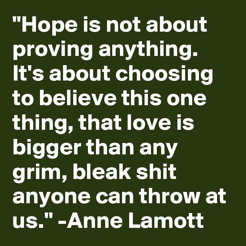"Hope is not about proving anything. It's about choosing to believe this one thing, that love is bigger than any grim, bleak shit anyone can throw at us." -Anne Lamott