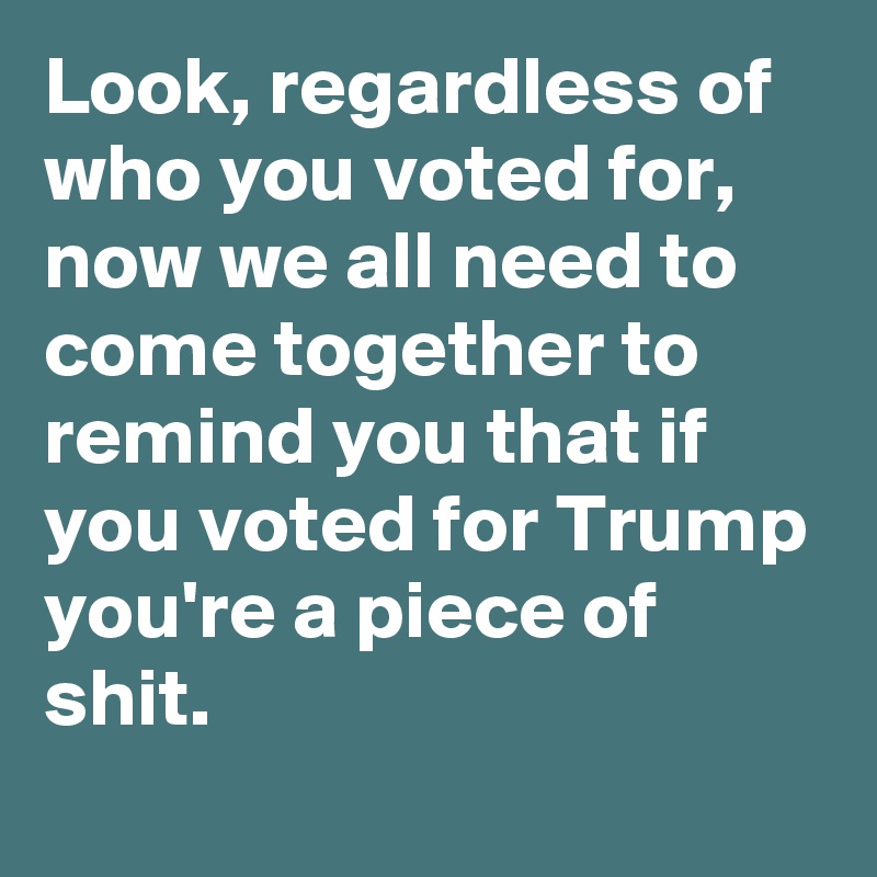 Look, regardless of who you voted for, now we all need to come together to remind you that if you voted for Trump you're a piece of shit.