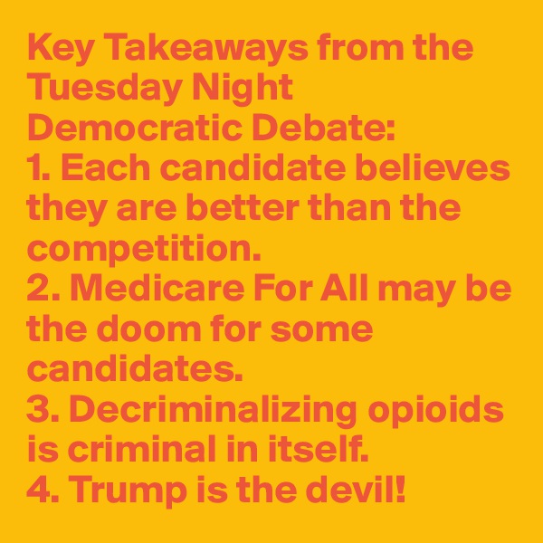 Key Takeaways from the Tuesday Night Democratic Debate:
1. Each candidate believes they are better than the competition.
2. Medicare For All may be the doom for some candidates.
3. Decriminalizing opioids is criminal in itself.
4. Trump is the devil!