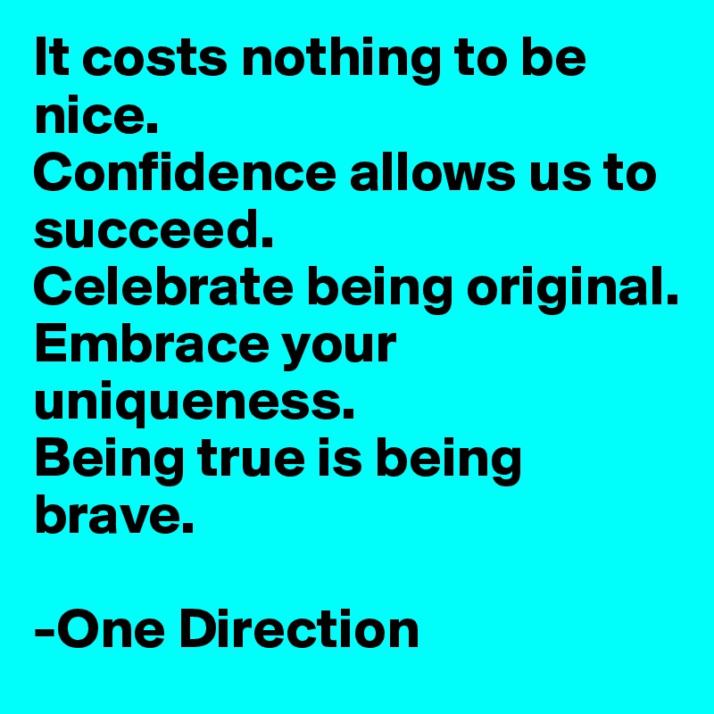 It costs nothing to be nice. 
Confidence allows us to succeed.
Celebrate being original.
Embrace your uniqueness. 
Being true is being brave. 

-One Direction