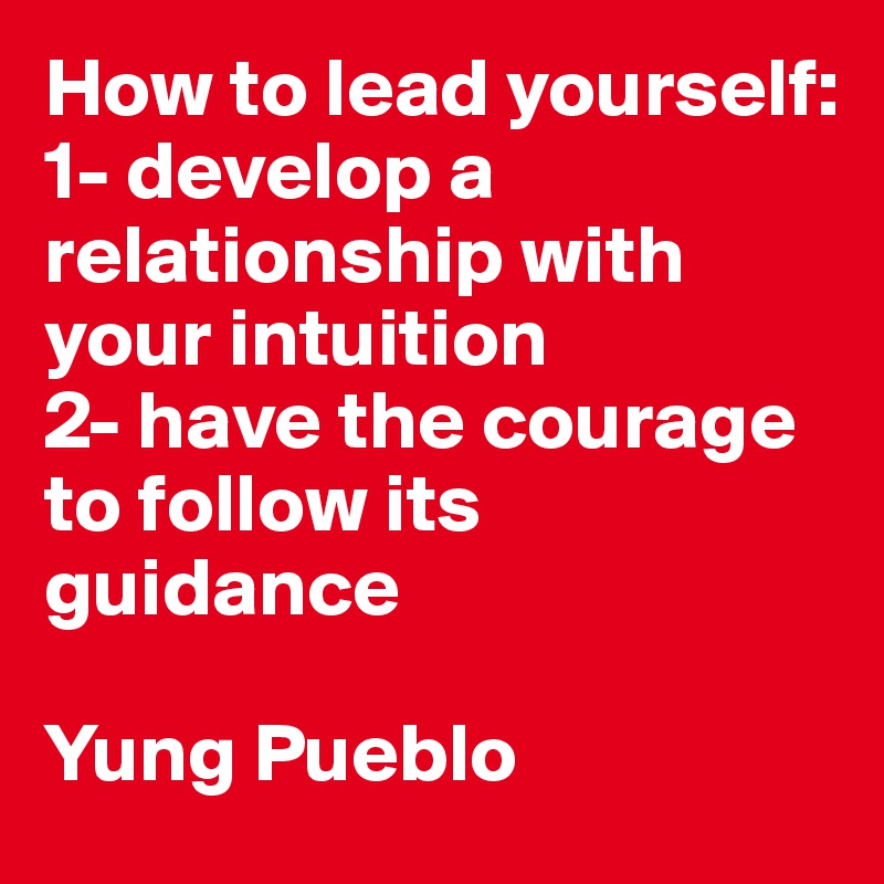 How to lead yourself:
1- develop a relationship with your intuition 
2- have the courage to follow its guidance

Yung Pueblo