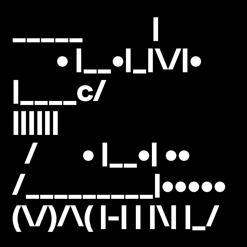 _____           |
       • |__•|_|\/|•
|____c/               ||||||
  /       • |__•| ••
/_________|•••••
(\/)/\( |-| | |\| |_/