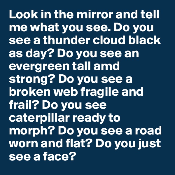 Look in the mirror and tell me what you see. Do you see a thunder cloud black as day? Do you see an evergreen tall amd strong? Do you see a broken web fragile and frail? Do you see caterpillar ready to morph? Do you see a road worn and flat? Do you just see a face? 
