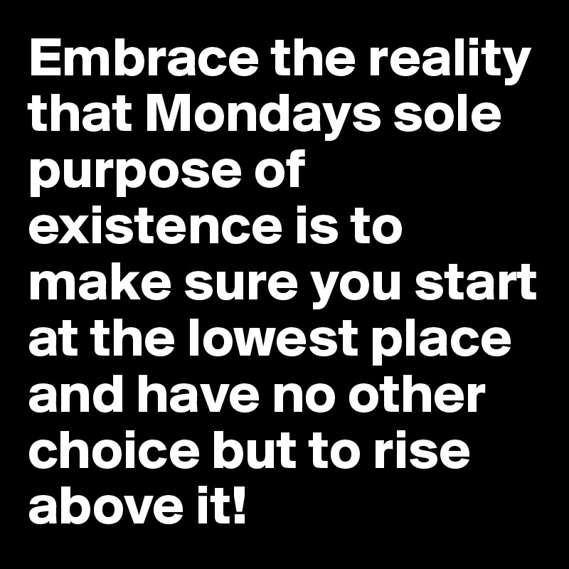 Embrace the reality that Mondays sole purpose of existence is to make sure you start at the lowest place and have no other choice but to rise above it!
